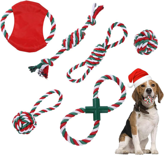 (6 Pack) Christmas Dog Toys Pack for Puppies, Dog Chew Toys with Rope Ball Toys, Interactive Dog Toys and Frisbee Toy for Small Medium Dogs,Pet Christmas Gifts