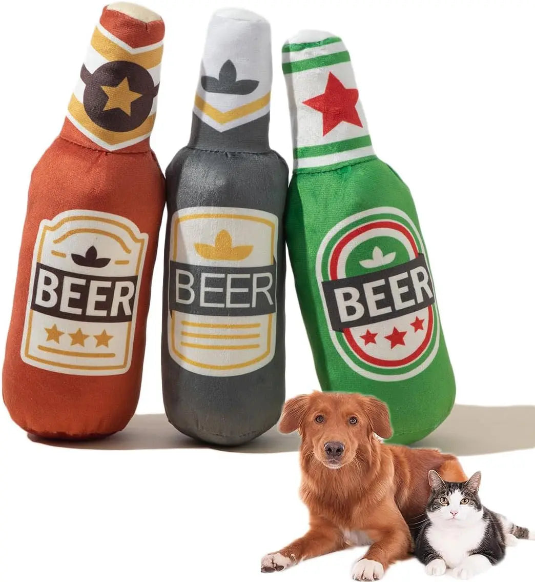 3 Pcs Pet Squeak Toys,Funny Plush Squeaky Toys for Dogs and Cats,Beer Bottle Plush Dog & Cat Squeak Toy,Cat Catnip Toys,Presents for Pets Pets971.com