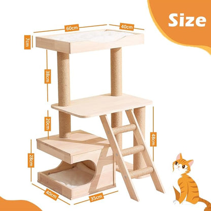 Cat Tree Wooden for Indoor Cats,Tall Cat Furniture with Natural Sisal Rope Scratching Post, Modern Wooden Cat Tower with Cave, Mat,Stable Pet Playhouse Furniture (3 layers)