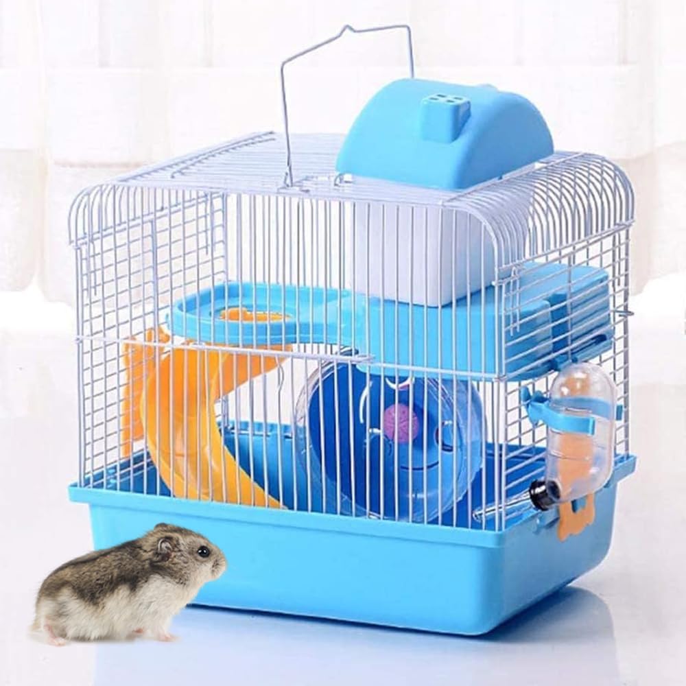 قفص هامستر صغير، قفص سفر صغير محمول من طبقتين مع مقبض حمل وعجلة تمرين وزجاجة مياه وطبق طعام لموائل الحيوانات الصغيرة، 27 * 21 * 30 سم (أزرق) 