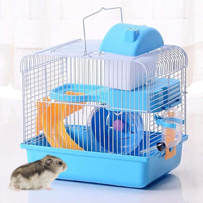 قفص هامستر صغير، قفص سفر صغير محمول من طبقتين مع مقبض حمل وعجلة تمرين وزجاجة مياه وطبق طعام لموائل الحيوانات الصغيرة، 27 * 21 * 30 سم (أزرق) 