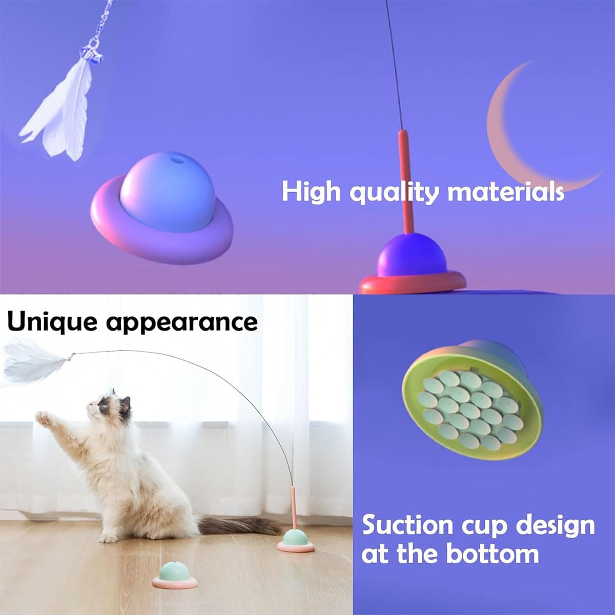 Cat Feather Toys,Cat Wand Toy with Powerful Suction Cup,Interactive Cat Toy Detachable Feather Replacements with Bell for Indoor Cats