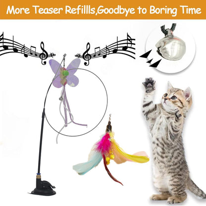 Cat Feather Toys,Cat Wand Toy with Powerful Suction Cup,Interactive Cat Toy Detachable Feather Replacements with Bell for Indoor Cats