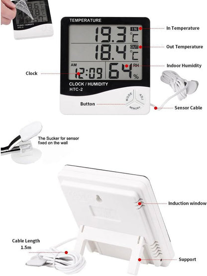 جهاز قياس درجة الحرارة والرطوبة الرقمي للحيوانات الأليفة في الأماكن المغلقة والمفتوحة HTC-2