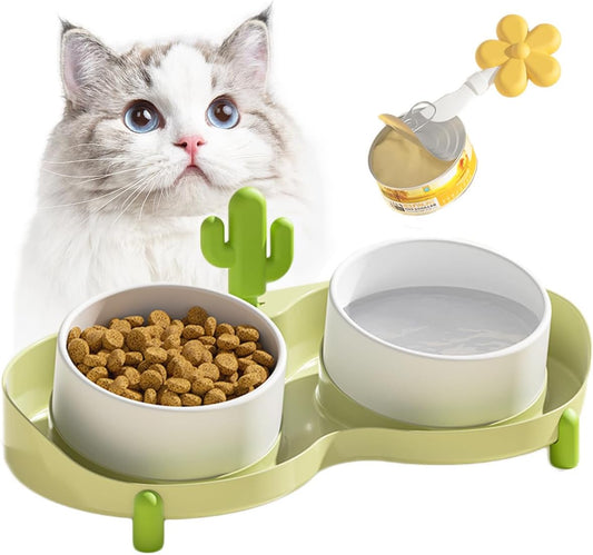 Ceramic Cat Bowl for Food and Water,Double Cat Feeding Bowl with Scraper, Tilted Food Feeding Dishes, Relieve Whisker Fatigue Anti Vomit Non-Slip Pet Raised Bowl