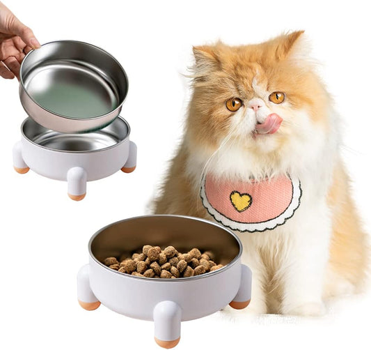 Cat Stainless Steel Bowl, Tall Whiplash-Protected Spill-Proof Pet Bowl, Removable Ceramic Water Bowl Food Bowl