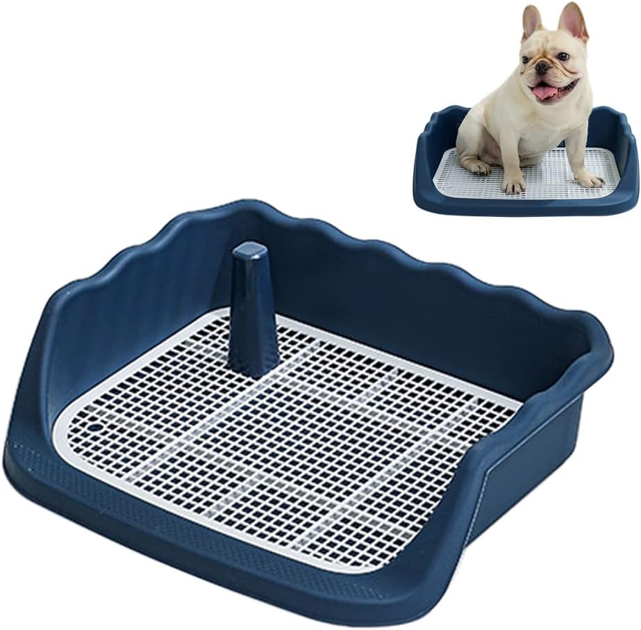 Indoor Dog Potty Tray,Puppy Toilet,Grid Puppy potty Training Litter Box with Non-Spill Simulator Post and Protective Wall,Easy to Clean Removable (Dark Blue (53 * 45 * 15)