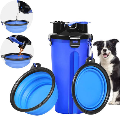 Dog Travel Water Food Bottle Bowl, 2 in 1 Portable Dog Water Bowl with 2 Collapsible Silicone Dog Bowls, Outdoor Travel Walking Camping Hiking Dog Water Bowl