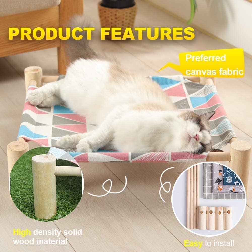 Cat Hammock Bed,Wooden Cat Hammock Elevated Bed,Solid Wooden Removable Washable,Suitable for Cats and Small Dogs