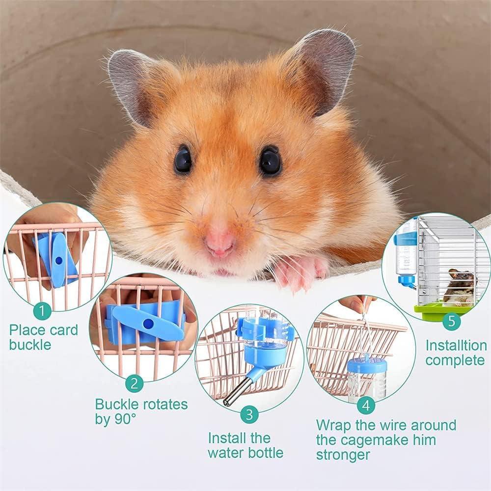 زجاجة مياه معلقة 3 في 1 للهامستر، زجاجة شرب أوتوماتيكية للحيوانات الأليفة الصغيرة مع حاوية طعام، كرة معلقة لمنع تسرب المياه، للهامستر والفئران وخنازير غينيا والأرانب 