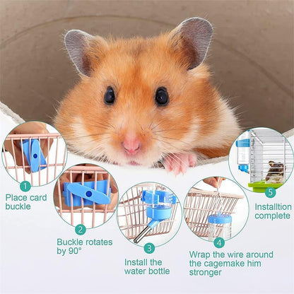 زجاجة مياه معلقة 3 في 1 للهامستر، زجاجة شرب أوتوماتيكية للحيوانات الأليفة الصغيرة مع حاوية طعام، كرة معلقة لمنع تسرب المياه، للهامستر والفئران وخنازير غينيا والأرانب 