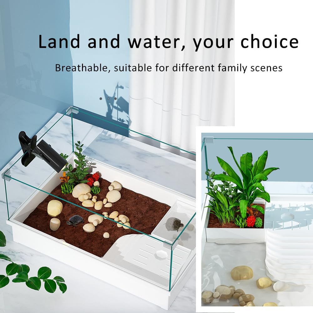 Turtle Tank, Full View Visual Removable Tortoise Aquarium Habitat with Platform, Bottom Drain for Easy Water Change and Cleaning (Only tank 48.5 * 32 * 25cm)
