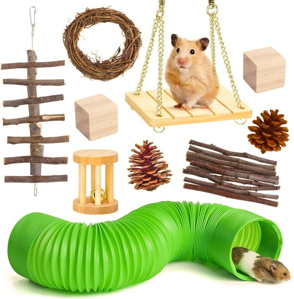 Hamster Chew Toys Set,Hamster Fun Tunnel,Small Animal Combo Apple Wood Activity Toys,Hamster Accessories,Toys for Guinea Pigs,Rabbits,Chinchilla,Ferrets,Rats