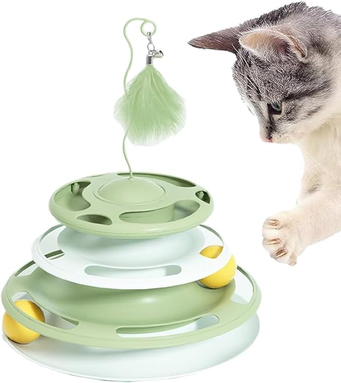 Cat Toy Roller 4-Level Turntable,Interactive Motion Cat Toy,Circle Track with Moving Balls,Cat Toys Tower for Indoor Cats,Suitable for Multiple Cats , Green