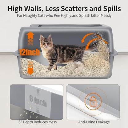 Stainless Steel Cat Litter Box 35L Large Capacity with Litter Scoop, Odor Control & Rust-Proof, Non-Stick Bottom & Easy to Clean