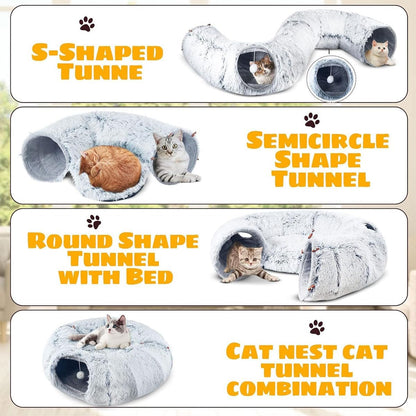 Plush Cat Tunnel Bed,Plush Cat Circle Tunnel with Hanging Balls and Peepholes,Cat Bed Tunnel with Washable Cushion,Multifunctional Cat Toys for Kitten, Cat, Puppy, Rabbit, Ferret
