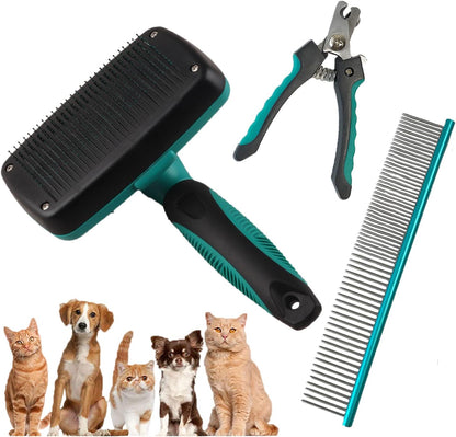 3PCS Pet Self-Cleaning Grooming Brush Kit,Cat Grooming Kit,Dog Brush Comb,For Cats and Dogs With All Hair Types + Free Pet Nail Clippers and Free Kit