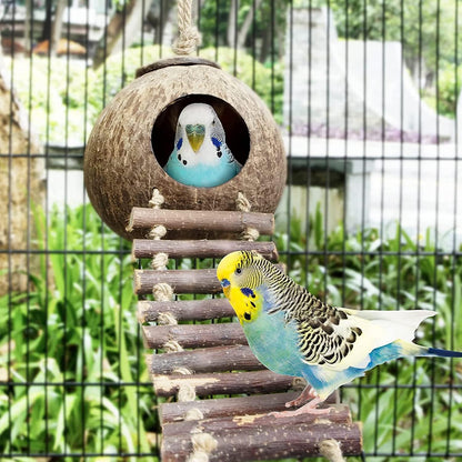 Coconut Bird Nest Hut with Ladder,parakeet nesting,bird house,bird ladder,bird cage accessories,for Parrots Parakeet Conures Cockatiel and other small animals