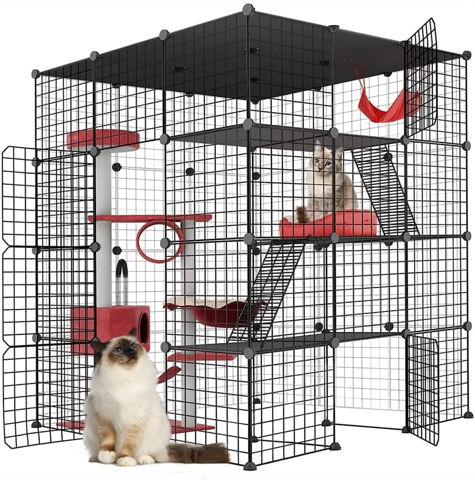 Cat Cage Indoor, Detachable Metal DIY Pet Playpen,Portable Collapsible Pet Cat Cage Enclosure for Small and Medium Pets (146 * 111 * 111cm, black)