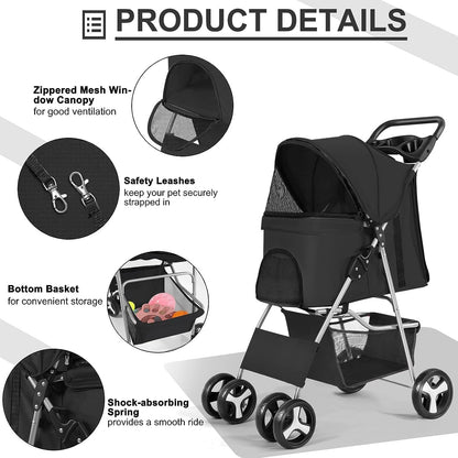 Foldable Pet Dog Stroller, 4 Wheel Cat Dog Stroller for Jogging Travel with Sun Shade, Cup Holder, Mesh Window, 360° Rotated Wheels, Storage Basket, Foot Brake,Easy to Walk Travel Carrier