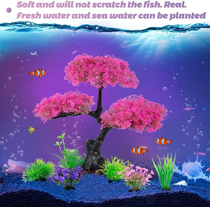 نباتات بلاستيكية اصطناعية لتزيين أحواض السمك، شجرة زهر الكرز الوردية مع العشب، مجموعة أشجار ديكور لأحواض السمك، إكسسوارات ديكور لأحواض الأسماك