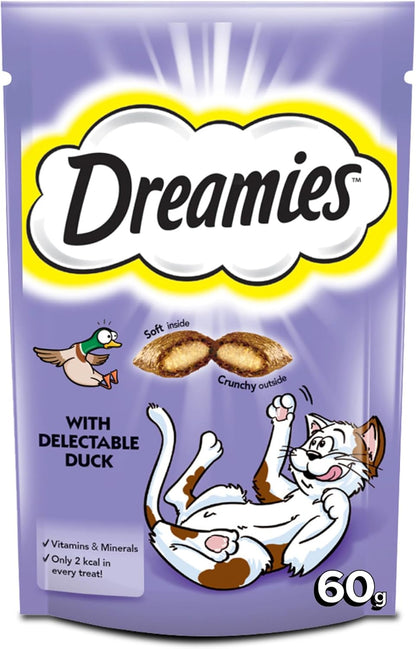 Dreamies Cat Treats with Delectable Duck, 60g Cat Treats, Crunchy on the Outside, Soft on the Inside Duck Cat Treat