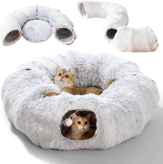 Plush Cat Tunnel Bed,Plush Cat Circle Tunnel with Hanging Balls and Peepholes,Cat Bed Tunnel with Washable Cushion,Multifunctional Cat Toys for Kitten, Cat, Puppy, Rabbit, Ferret