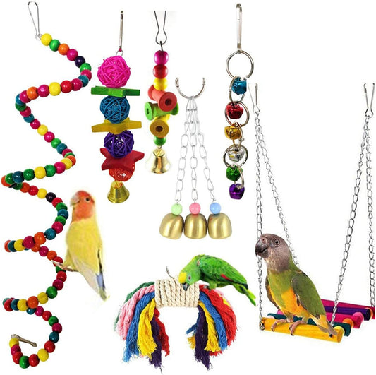 7 Pcs) Bird Toys,Parrot Cage Toys,Bird Stand,Bird Cage Accessories,Parrot Chew Toys,Swing Hanging Toys with Bell Hammock Hanging Perch Toy (7Pieces)