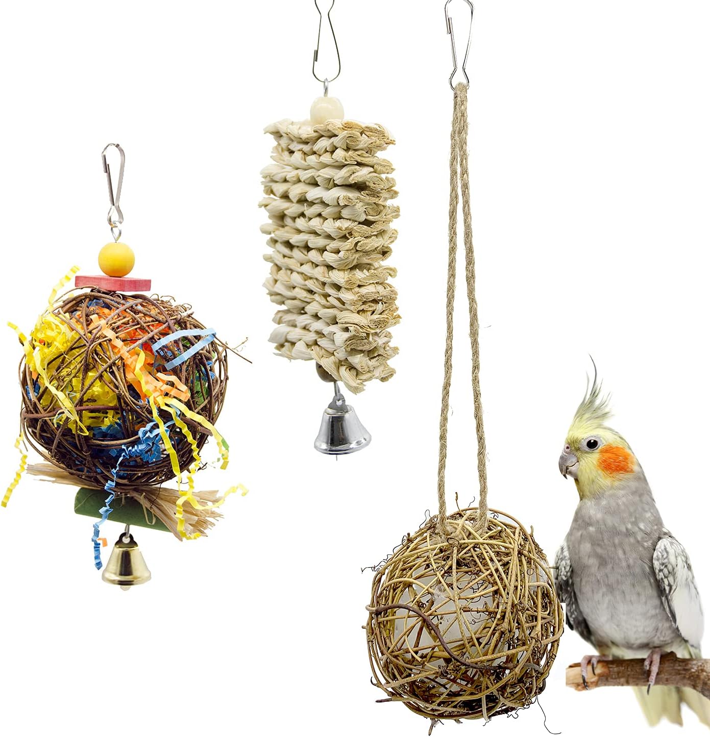 3 pcs Bird chew Toys,Parrot Cage Accessories Toys,Parrot Cage Foraging Shredder Toy for Bird Parrot African Greys Budgie Cockatiel Parakeet Lovebird Cage Toy