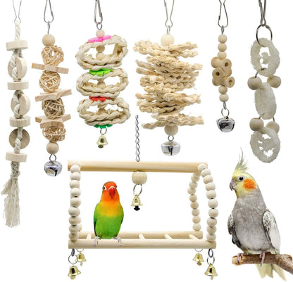 (7 Packs) of Bird Parrot Swing Chewing Toys,Natural Wood bird cage accessories,Suitable for Small Parakeets, Cockatiels, Conures, Finches,Budgie,Macaws, Parrots, Love Birds