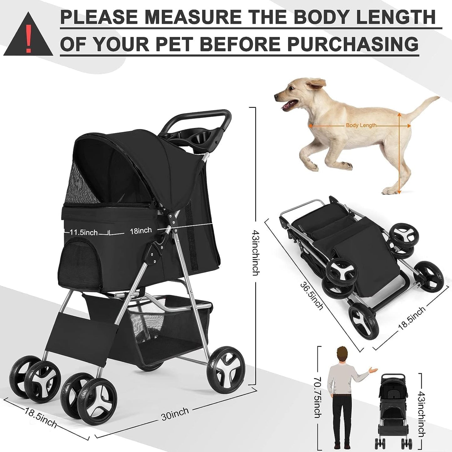 Foldable Pet Dog Stroller, 4 Wheel Cat Dog Stroller for Jogging Travel with Sun Shade, Cup Holder, Mesh Window, 360° Rotated Wheels, Storage Basket, Foot Brake,Easy to Walk Travel Carrier