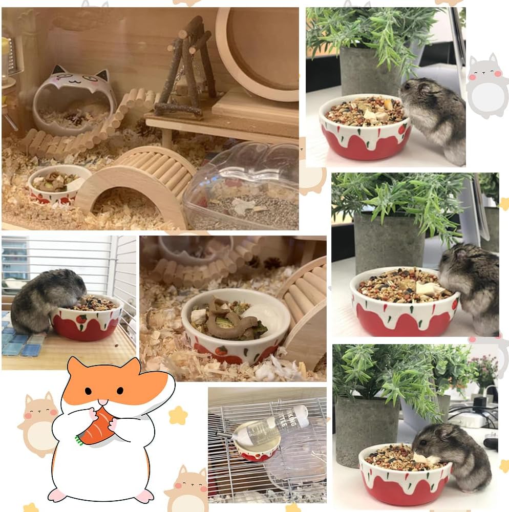 Hamster Ceramic Food Bowl, Small Animal Feeding Dishes, for Hamster Dwarf Syrian Gerbil Mice Degu Chipmunk Squirrel Hedgehog (M, Red strawberry)