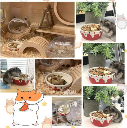 Hamster Ceramic Food Bowl, Small Animal Feeding Dishes, for Hamster Dwarf Syrian Gerbil Mice Degu Chipmunk Squirrel Hedgehog (M, Red strawberry)