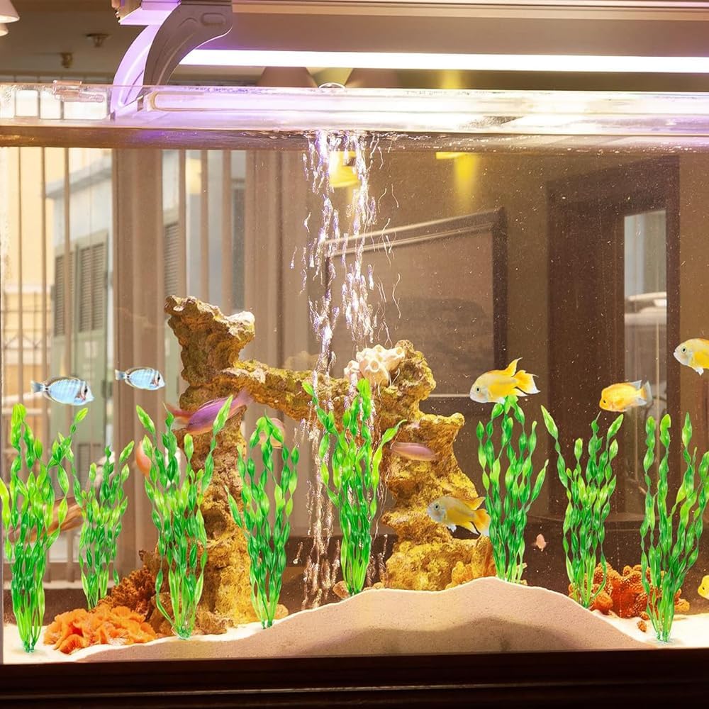 نباتات بلاستيكية اصطناعية لتزيين أحواض السمك، شجرة زهر الكرز الوردية مع العشب، مجموعة أشجار ديكور لأحواض السمك، إكسسوارات ديكور لأحواض الأسماك
