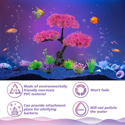 نباتات بلاستيكية اصطناعية لتزيين أحواض السمك، شجرة زهر الكرز الوردية مع العشب، مجموعة أشجار ديكور لأحواض السمك، إكسسوارات ديكور لأحواض الأسماك
