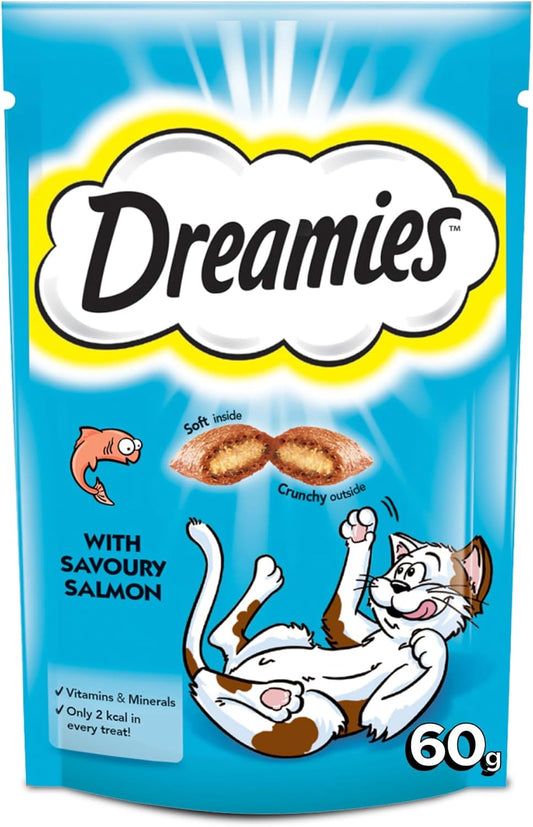 Dreamies Cat Treats with Savoury Salmon, 60g Cat Treats, Crunchy on the Outside, Soft on the Inside Salmon Cat Treat