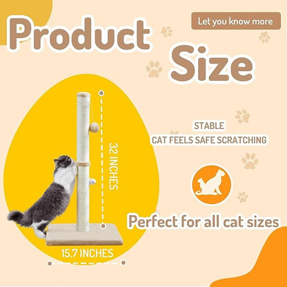 Cat Scratching Post for Indoor Cats,Cat tree with Sisal Rope Durable,Cat Scratcher with Hanging Ball and Mouse Toy (32 inches/80cm Tall, Beige)