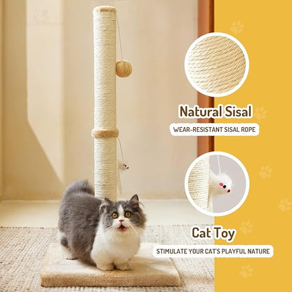 Cat Scratching Post for Indoor Cats,Cat tree with Sisal Rope Durable,Cat Scratcher with Hanging Ball and Mouse Toy (32 inches/80cm Tall, Beige)