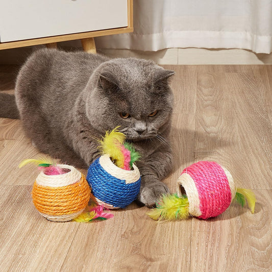 3 Pcs Cat Sisal Ball Toy,Interactive Cat Ball with Feathers,7CM Assorted Colored Sisal Balls for Cats to Scratch,Cat Rolling Ball Scratch Cat Toy