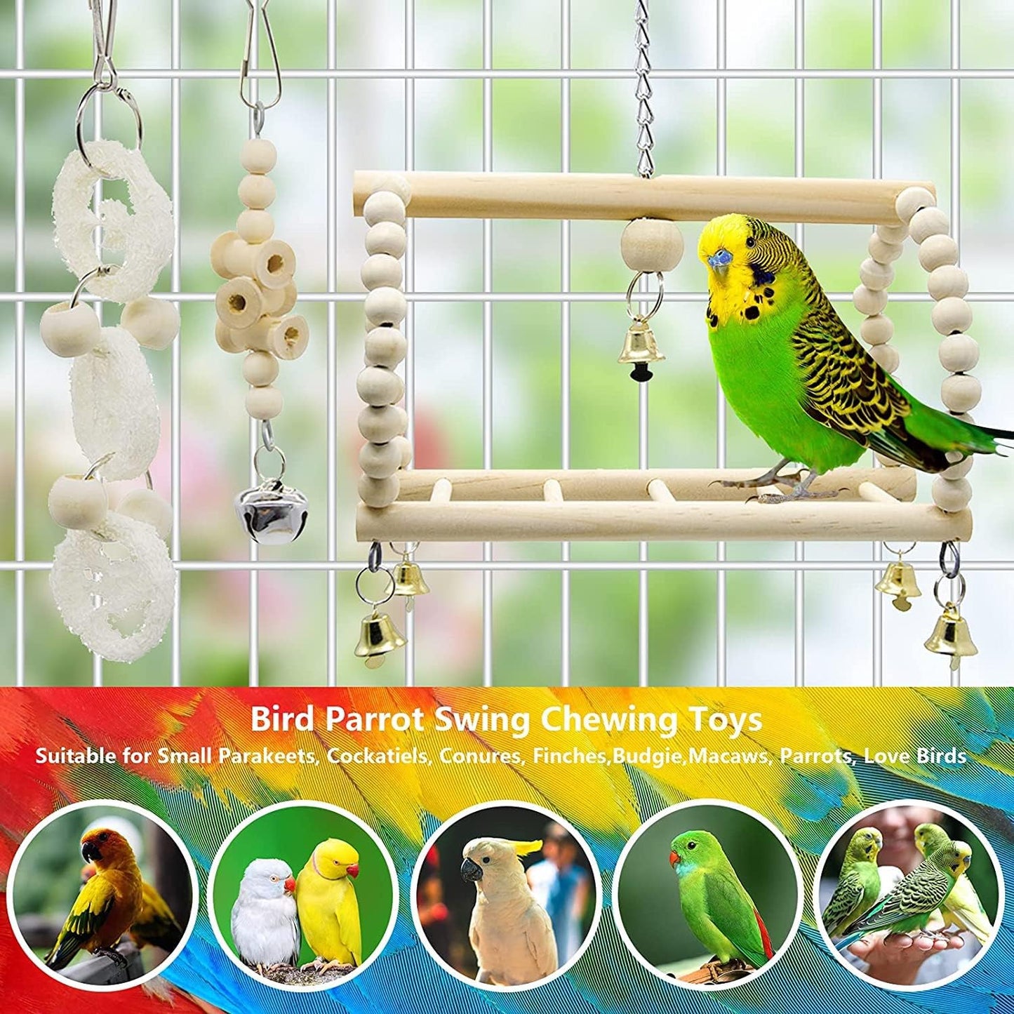 (7 Packs) of Bird Parrot Swing Chewing Toys,Natural Wood bird cage accessories,Suitable for Small Parakeets, Cockatiels, Conures, Finches,Budgie,Macaws, Parrots, Love Birds