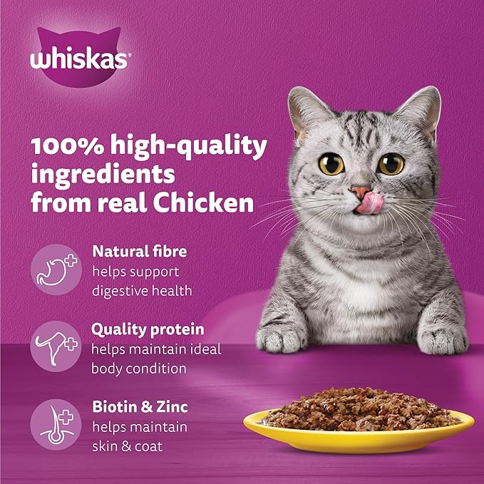 Whiskas Chicken in Gravy Wet Cat Food Pouch, 80g, Wet Food for 1+ Years Adult Cats, Complete and Balanced Nutrition