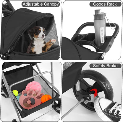 Foldable Pet Dog Stroller, 4 Wheel Cat Dog Stroller for Jogging Travel with Sun Shade, Cup Holder, Mesh Window, 360° Rotated Wheels, Storage Basket, Foot Brake,Easy to Walk Travel Carrier