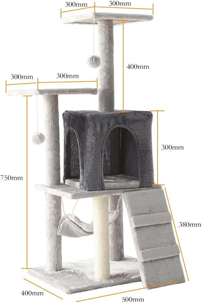 Cat Tower, Indoor Cat Tree with Sisal Covered Catch Posts and Plush Catch Balls, Suitable for Small and Medium-sized Cats(GRAY, 50 * 40 * 110 With hammock)