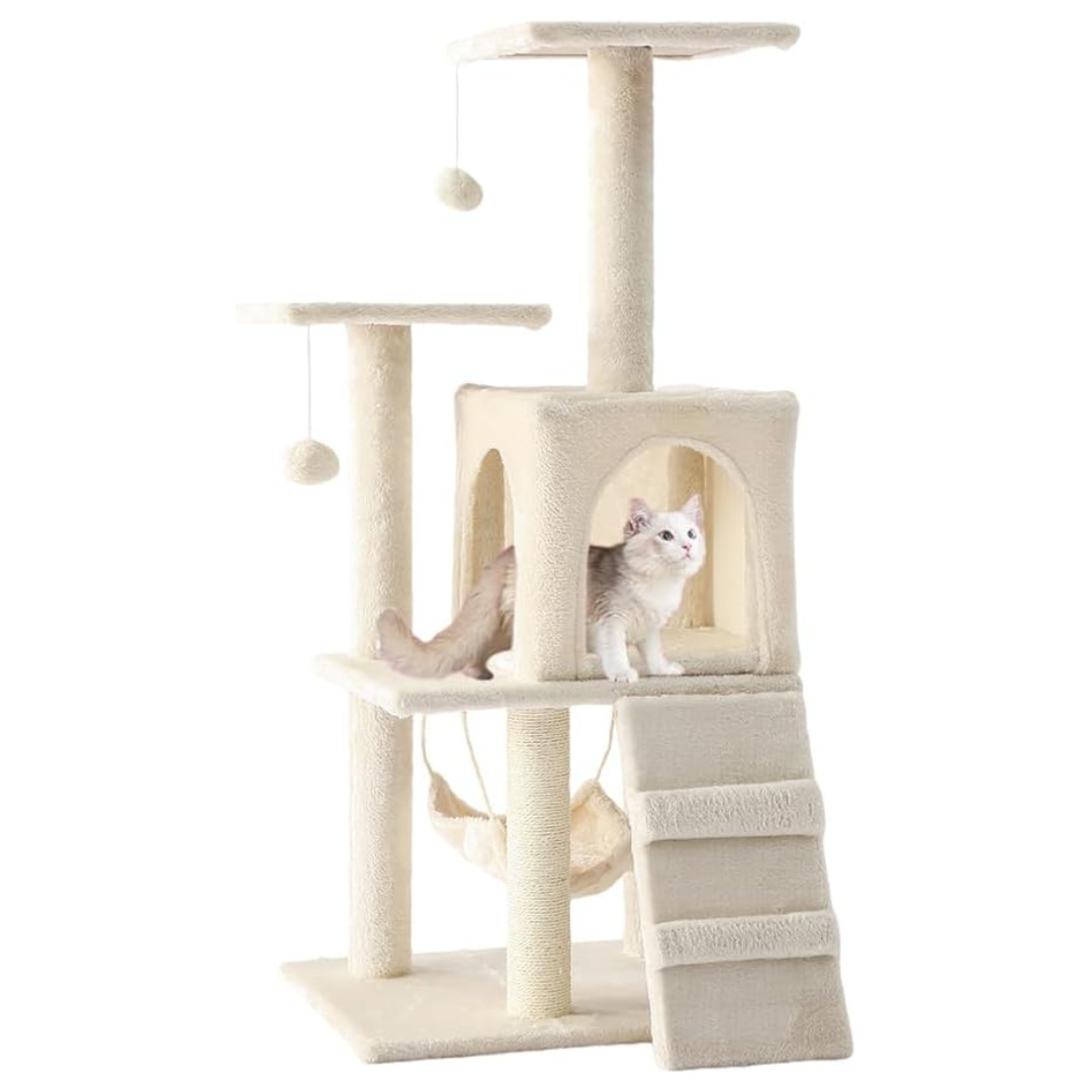Cat Tower, Indoor Cat Tree with Sisal Covered Catch Posts and Plush Catch Balls, Suitable for Small and Medium-sized Cats(beige, 50 * 40 * 110 With hammock)