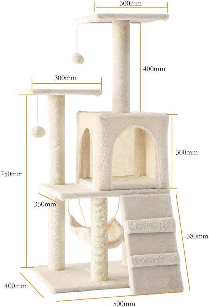 Cat Tower, Indoor Cat Tree with Sisal Covered Catch Posts and Plush Catch Balls, Suitable for Small and Medium-sized Cats(beige, 50 * 40 * 110 With hammock)