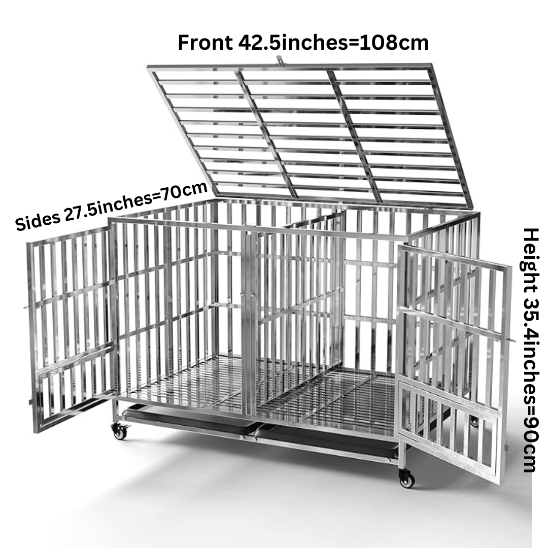 42.5 Inches Dog Cage Stainless Steel with Divider, Cage Size 108x70x90cm