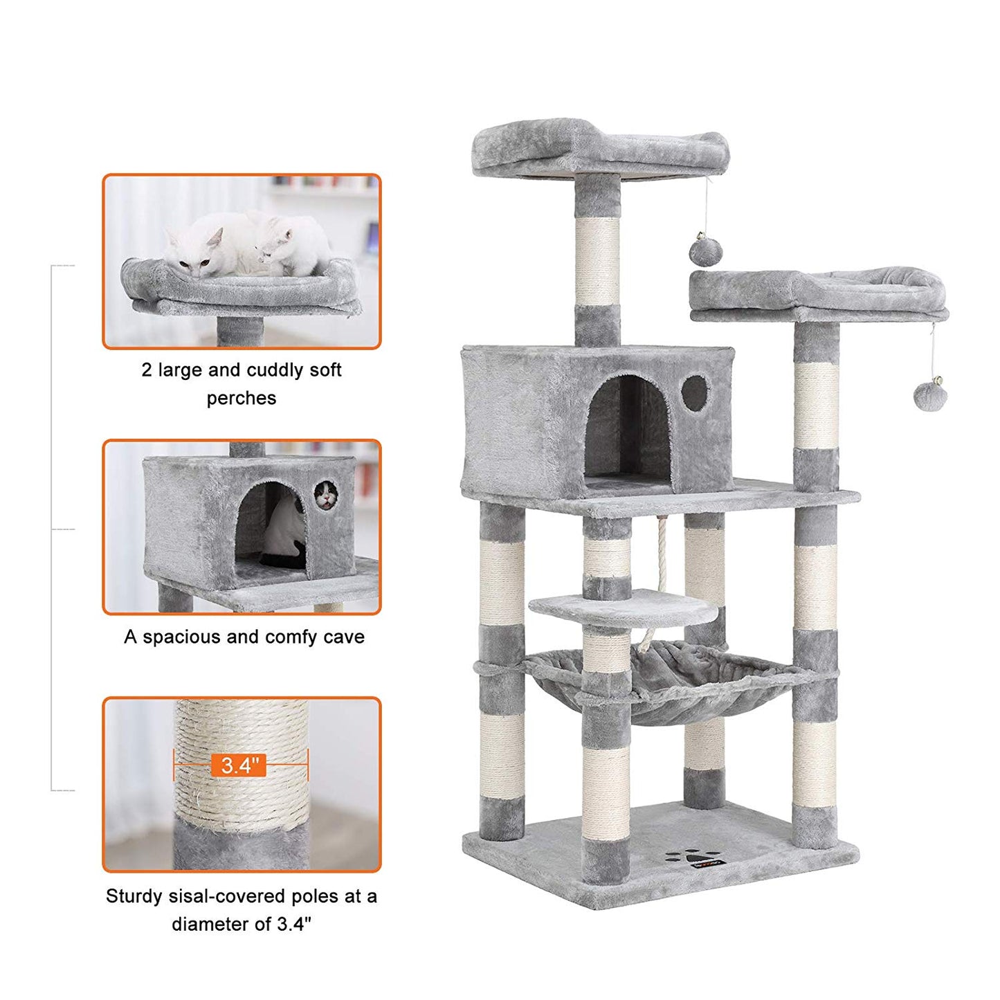 Cat Tree 4 Layers Gray 56L x 45W x 143H Centimeters