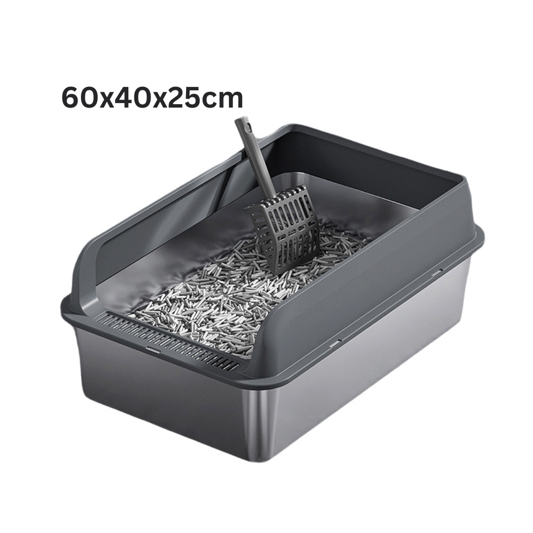 Large Cat Litter Box Stainless Steel with Scoop and Anti-Splash Cover 60x40x25cm