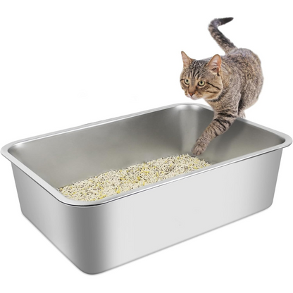 Stainless Steel Cat Litter Box - Large Litter Box for Big Cats - Easy to Clean, Never Absorbs Odor, Stains, or Rusts - Silver (19.68" L x 13.7" W x 6" H)