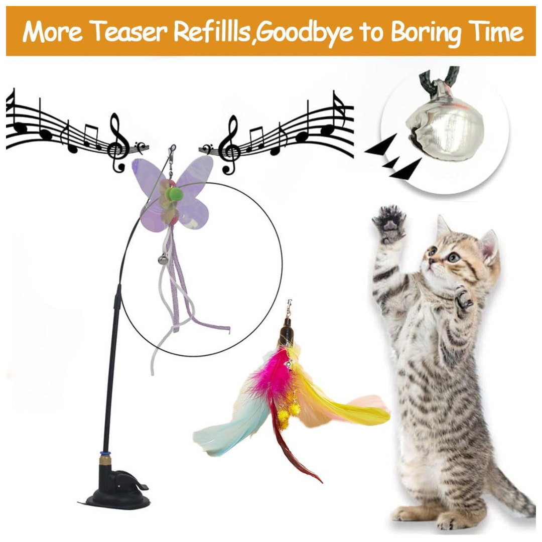 Cat Feather Toys,Cat Wand Toy with Powerful Suction Cup,Interactive Cat Toy Detachable Feather Replacements with Bell for Indoor Cats